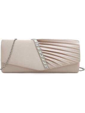 Women's Champagne Crystal Embellished Pleated Satin Clutch Purse For Evening Bag